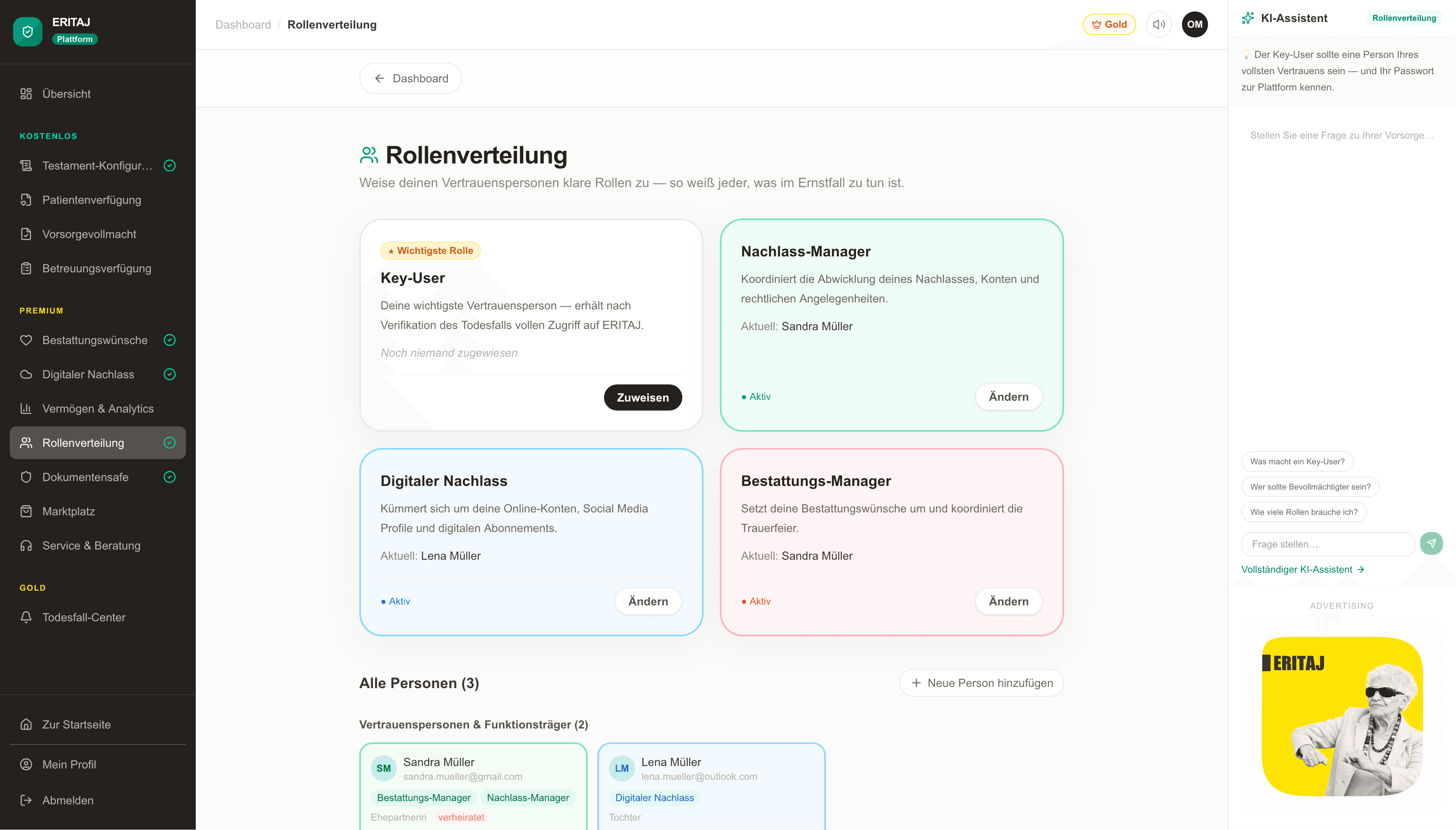Beispielansicht Nachlassmanagement und Rollen