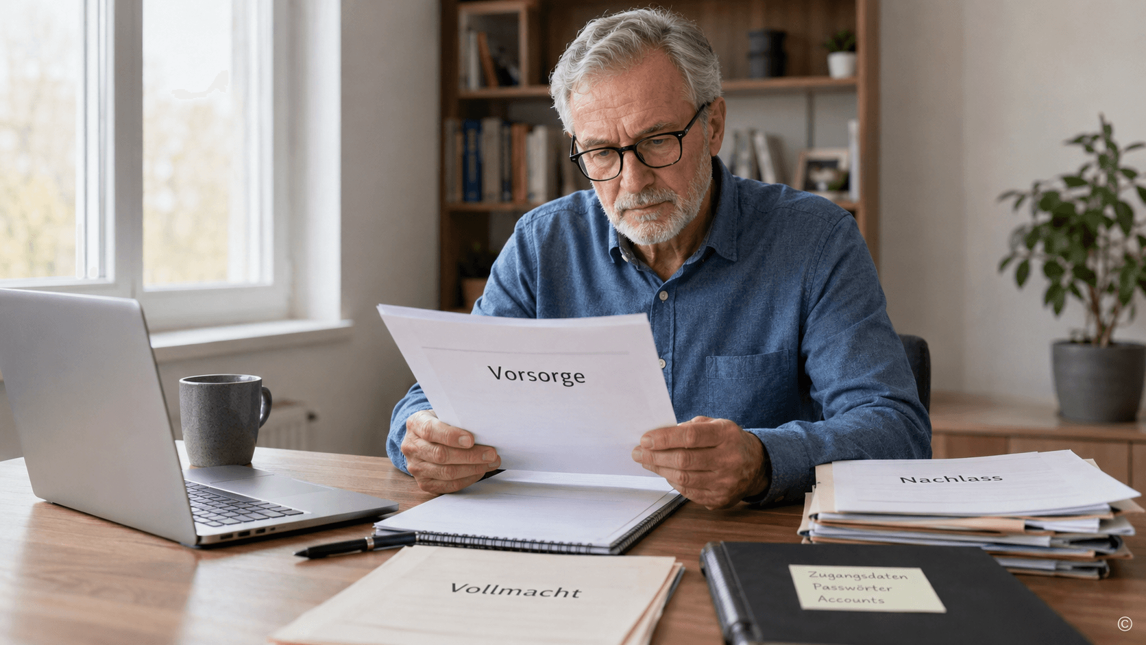 Familiengespräch über Vorsorge: Diese 4 Fehler vermeiden — mann liest vorsorgevollmacht schreibtisch Familiengespräch über Vorsorge: Diese 4 Fehler vermeiden — mann liest vorsorgevollmacht schreibtisch
